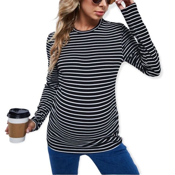 New Look Maternity Black White Striped Ruched Sides 3/4 Sleeve Shirt Size 14 - Picture 1 of 14